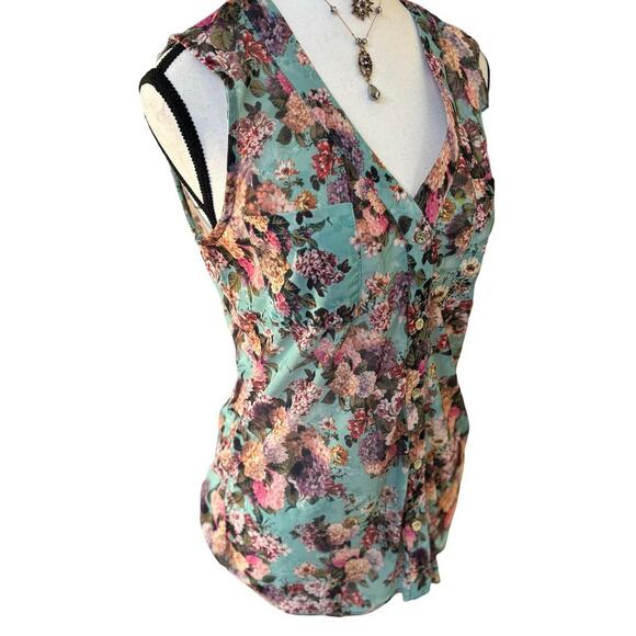 Y2K VTG. ‎ BCBGMAXAZRIA blue floral sheer button-up top with ruffle detail  M - Picture 4 of 8